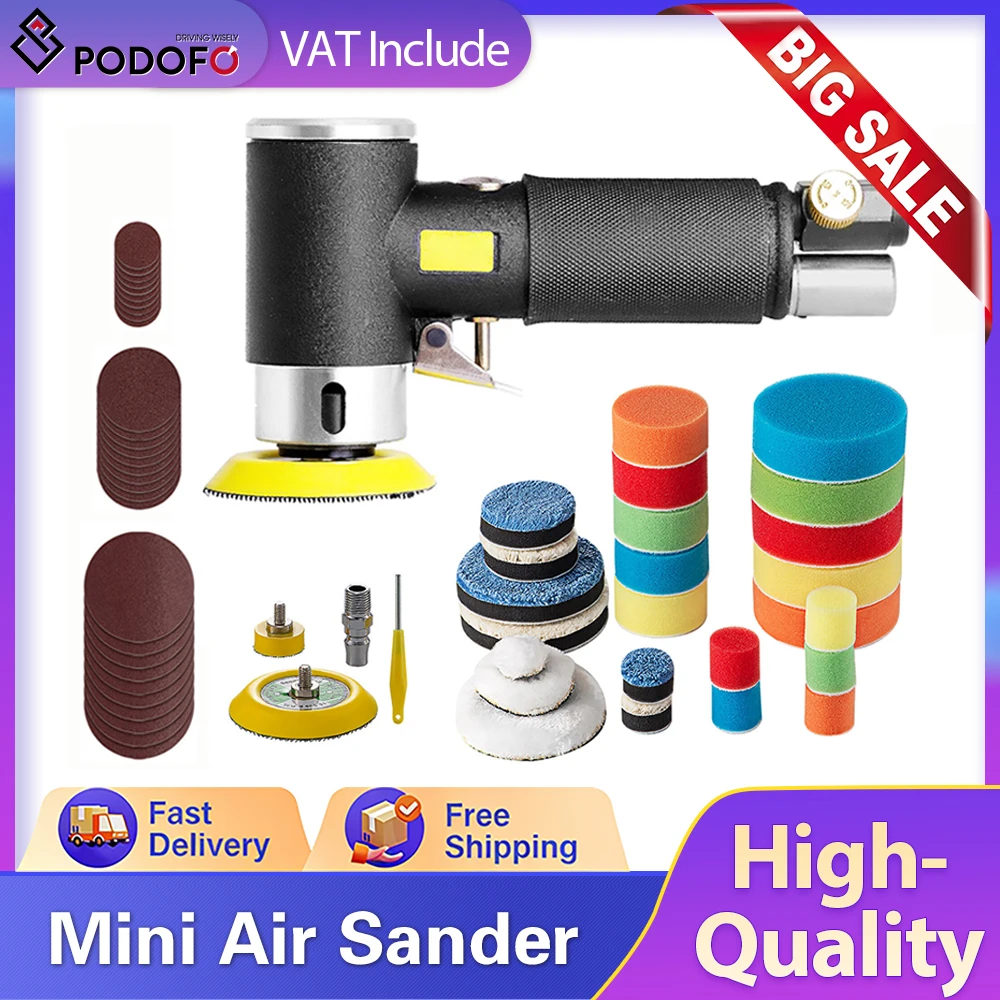 Kit de ponceuse pneumatique miniature Podofo Orbit Air Sander avec éponges et tampons en laine de 1/2/3 pouces et papiers abrasifs
