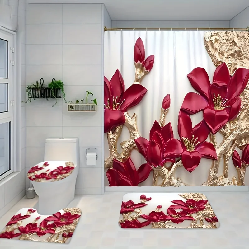 4PCs Red Flower & Golden floral pattern bathroom set, shower curtain (179.83X179.83cm) & matching toilet mat/rug set, with 1