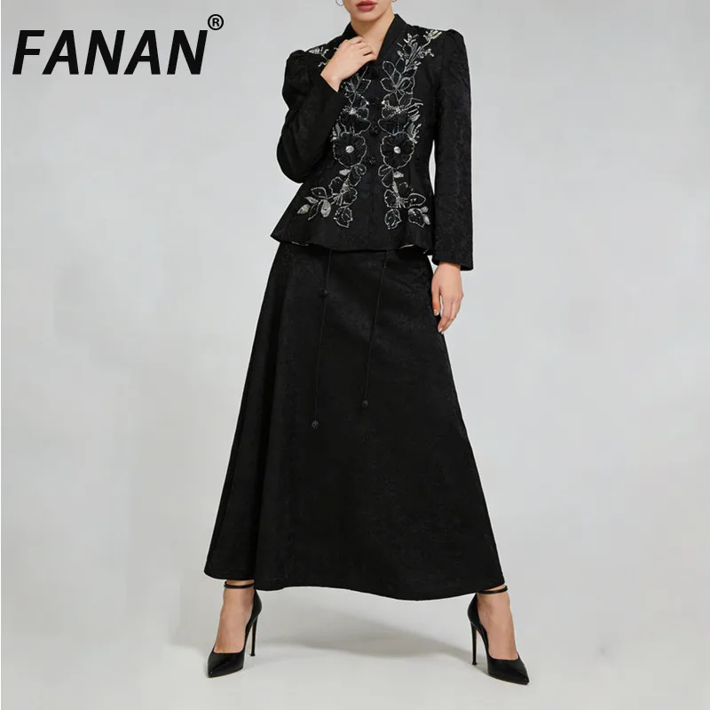 

FANAN Women's Elegant 2 Piece Set Embroidery Design V Neck Short Blazers + High Waist A-linne Skirts 2026 Sprig New Suits