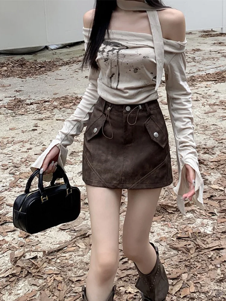 

American Retro Women Solid PU Skirt Gyaru Grunge A-Line Skirt Fashion Wrap Hip High Waist Slim Short Skirts New Design