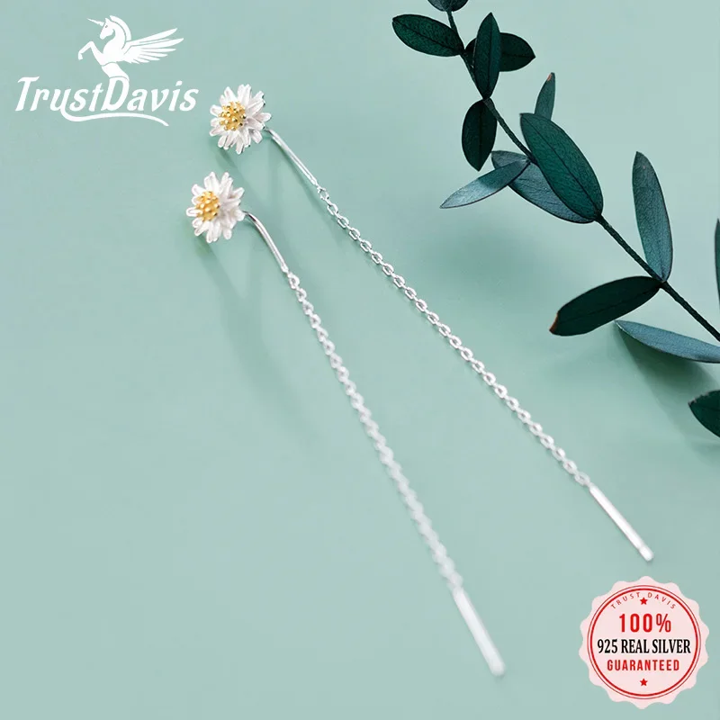 

TrustDavis Real 925 Sterling Silver Sweet Daisy Flower Earrings For Women Fashion Korean Long Ear Line Chic Party Jewelry DA2430