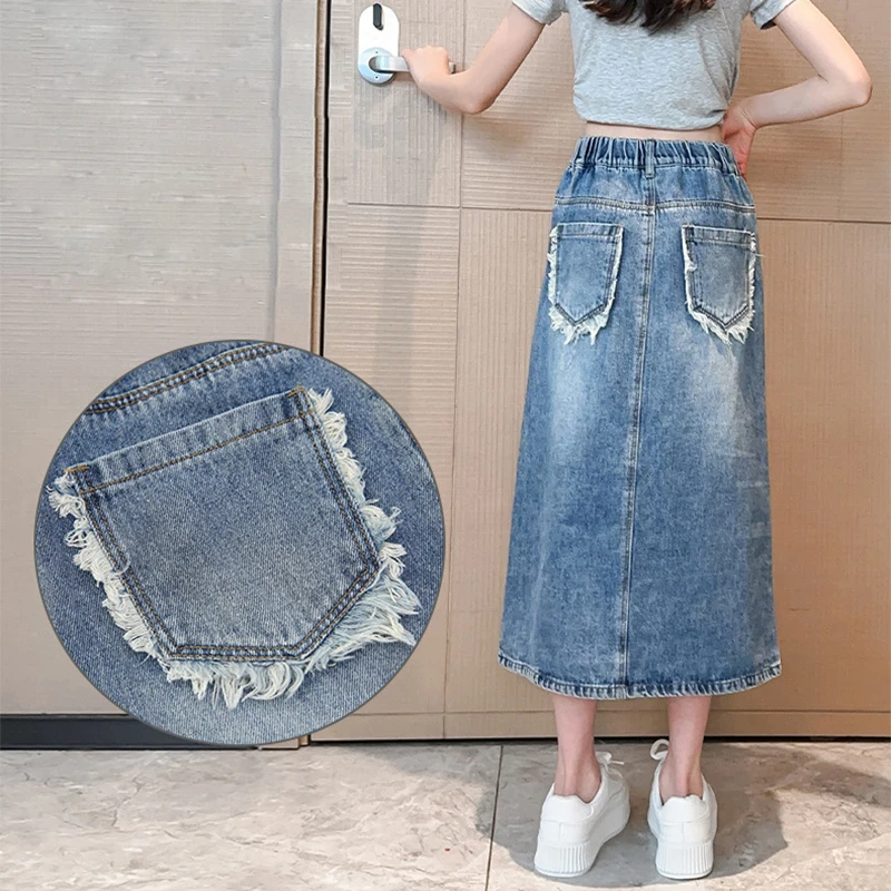 Fashion Korean Version Split Long Skirt Children Clothing Birthday Present 5 To 13 Year Teen Girls Denim Skirt