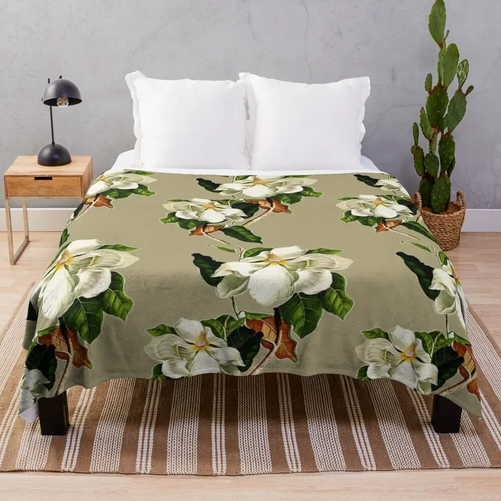 Vintage White Magnolia Pattern on Khaki Background Throw Blanket Loose Designers Tourist Blankets