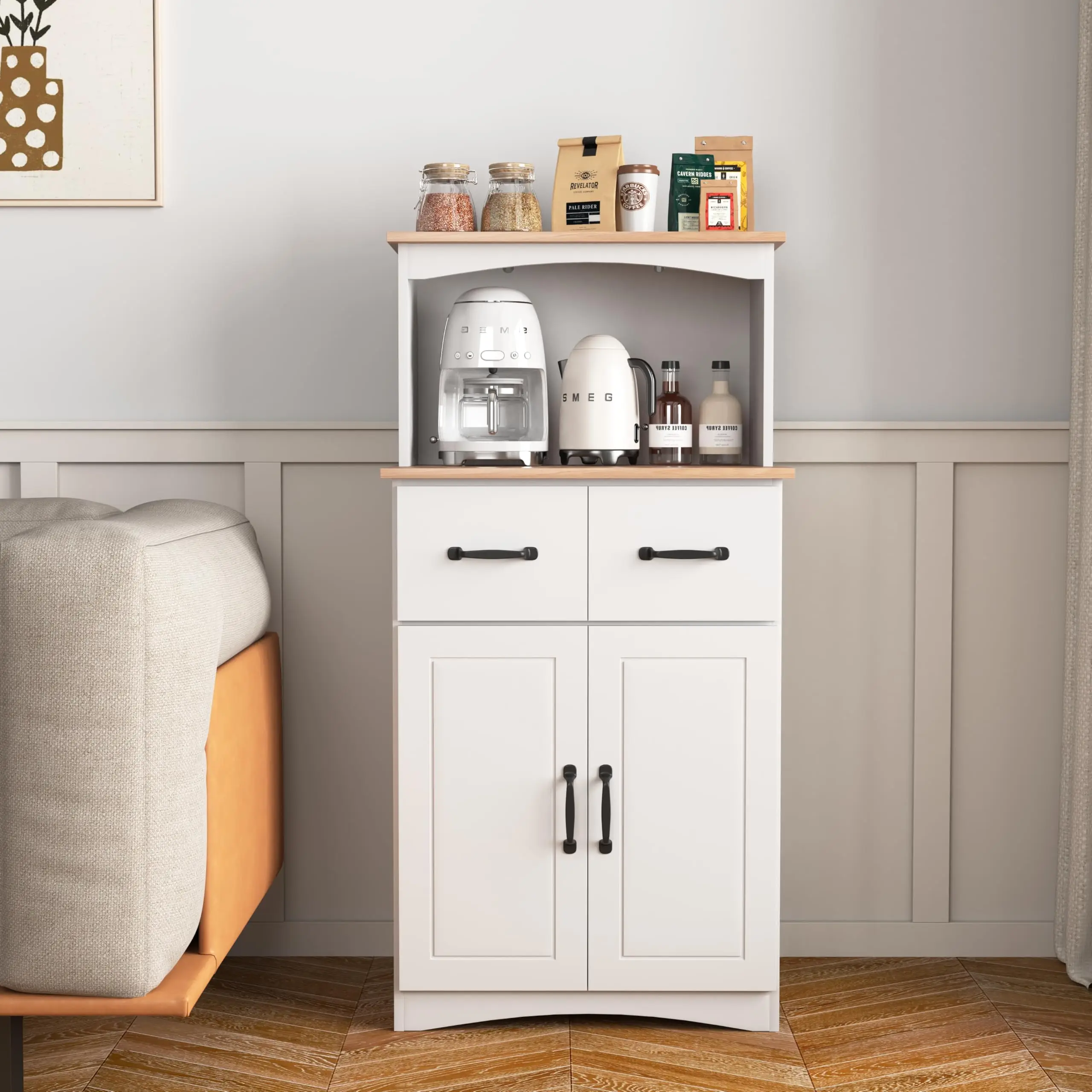 Wooden-Style Coffee Bar Cabinet with Doors & 2 Drawer - Microwave Stand with Storage, Adjustable Shelfes for Kitchen