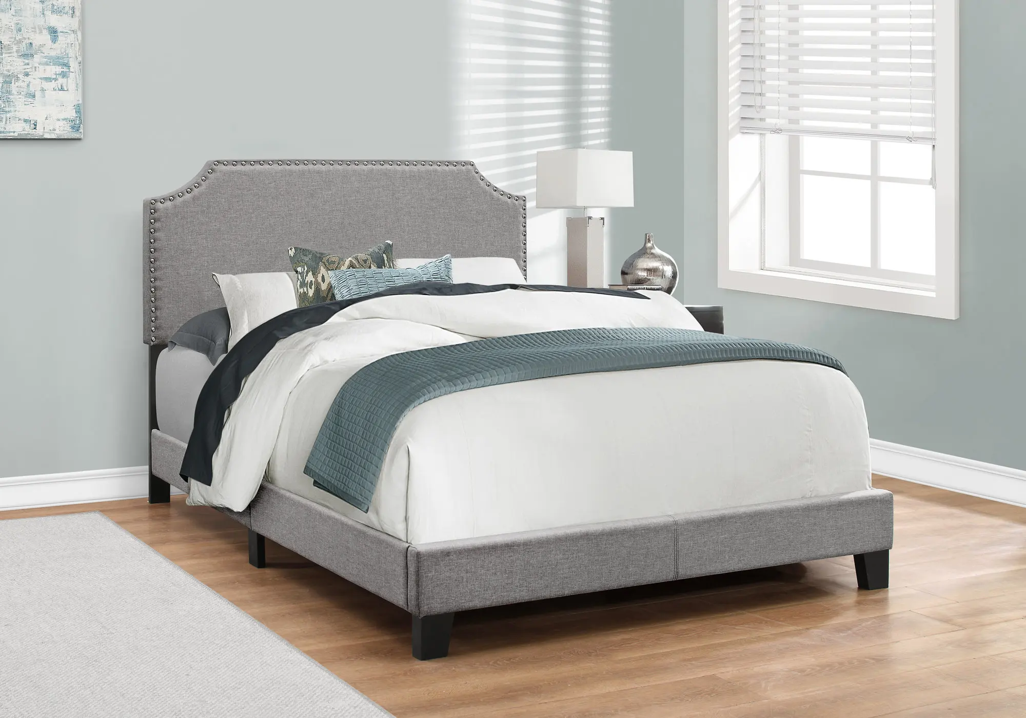 Bed, Full Size, Bedroom, Upholstered, Grey Linen Look, Chrome Trim, Transitional
