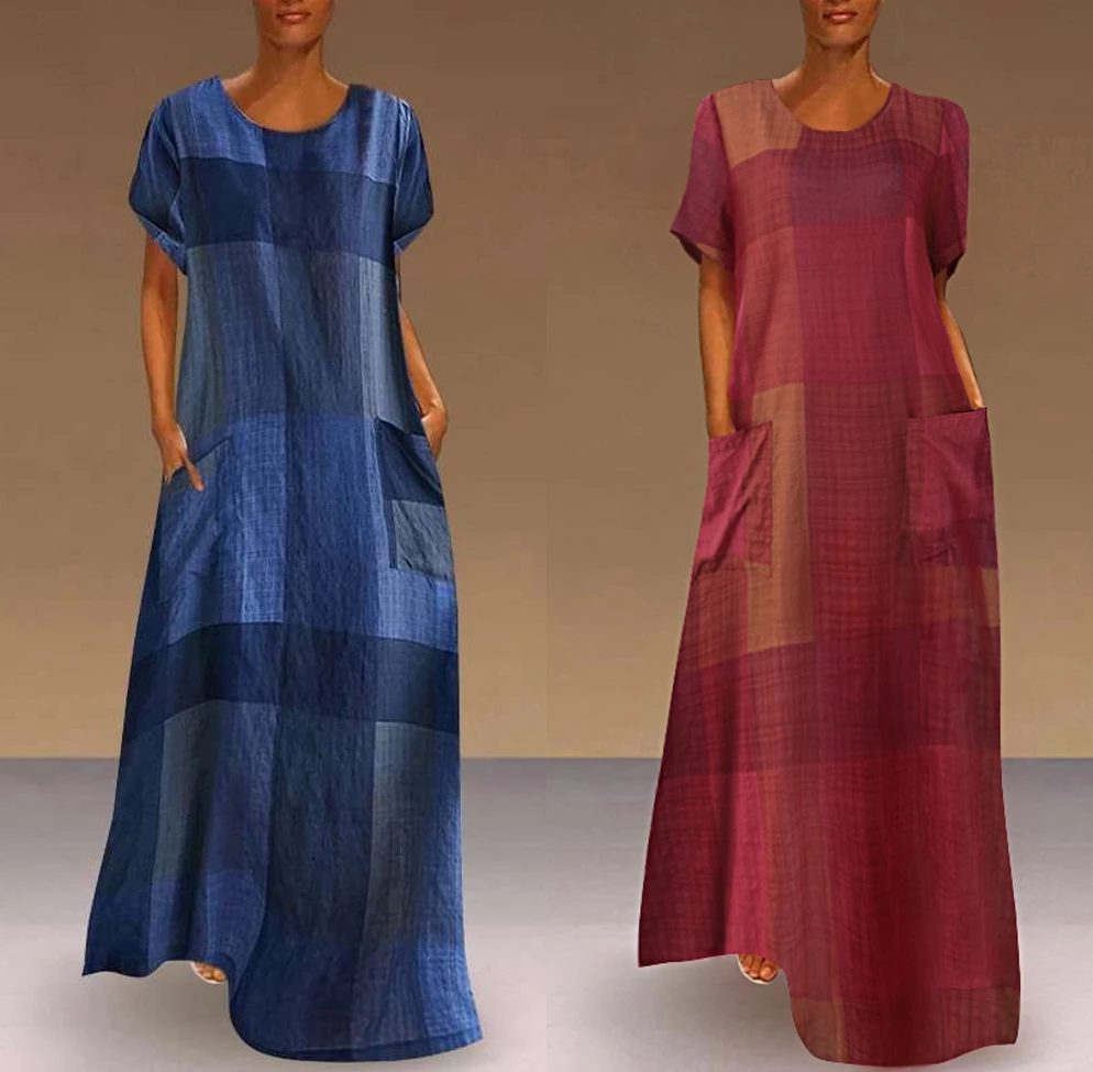 

Платье женское длинное с коротким рукавом, винтажное пляжное Клубное в стиле бохо, с круглым вырезом и карманами, разные цвета, одежда на лето