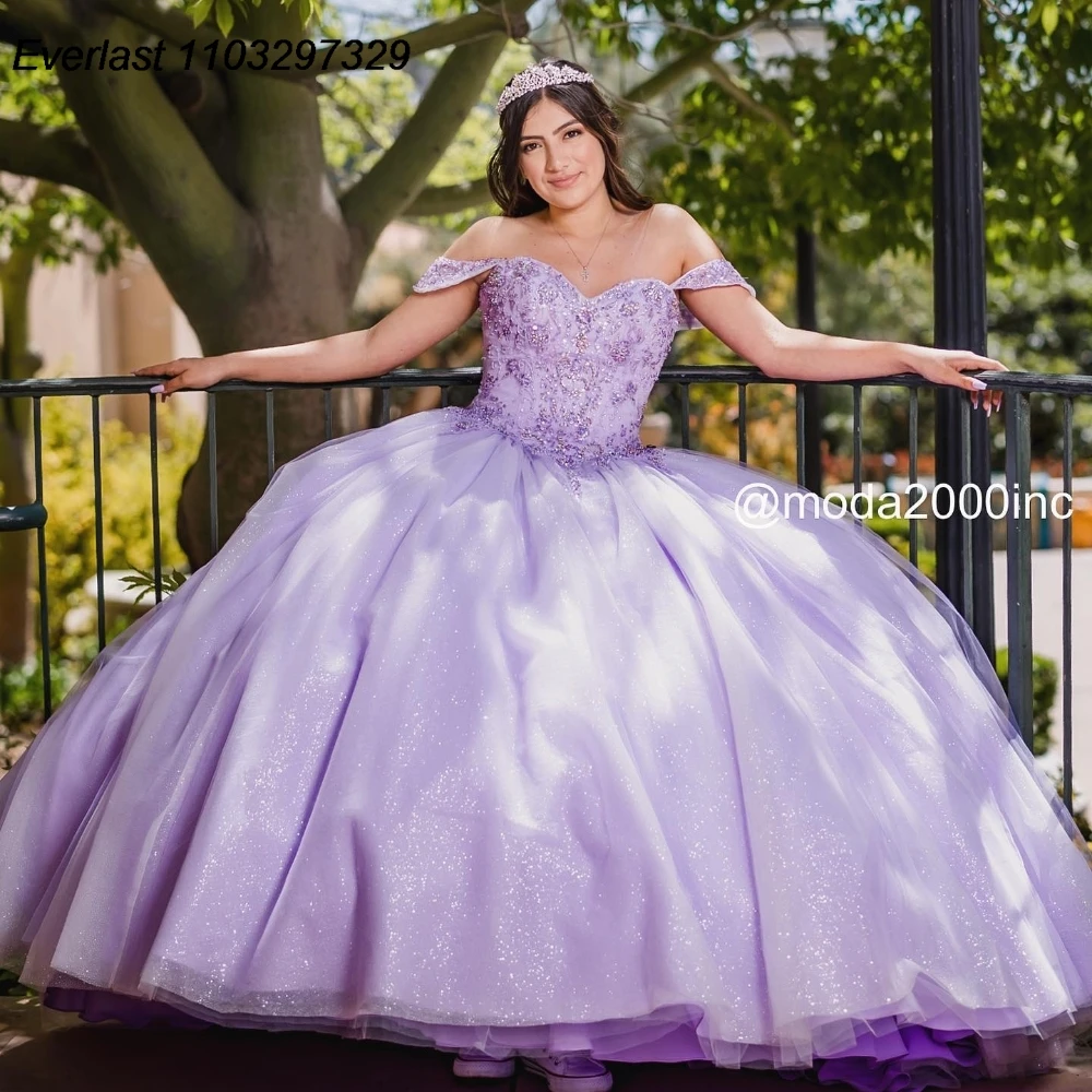 

EVLAST Sparkly Lavender Lilac Quinceanera Dress Ball Gown Applique Beaded Off Shoulder Corset Sweet 16 Vestido De 15 Anos TQD951