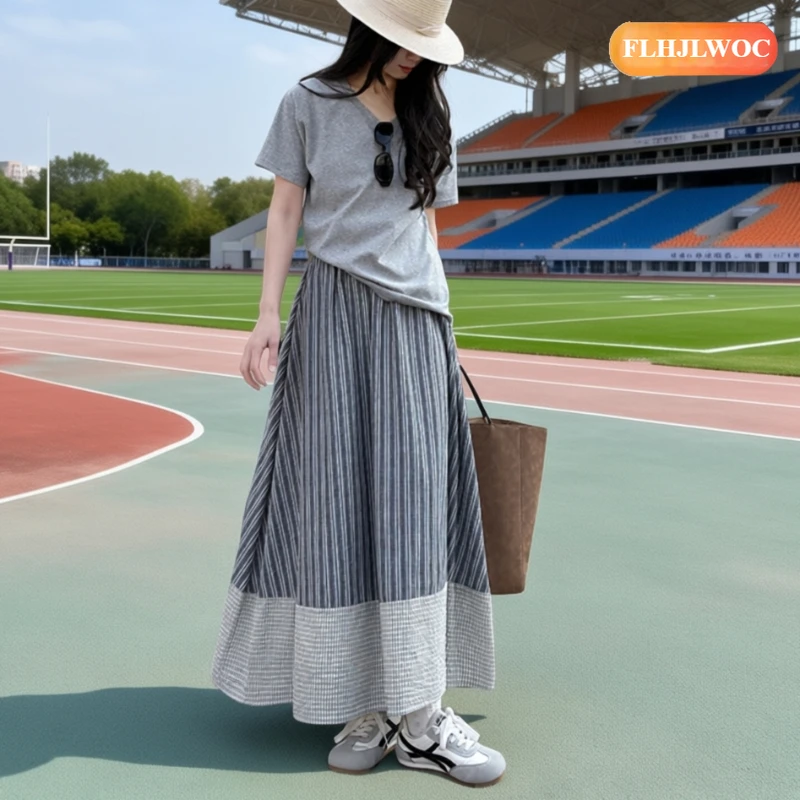 Cotton Ruffles Patchwork Retro Vintage Skirts Long Women's Preppy Vintage Striped Skirt with Lace High Waist A-line Midi Skirt