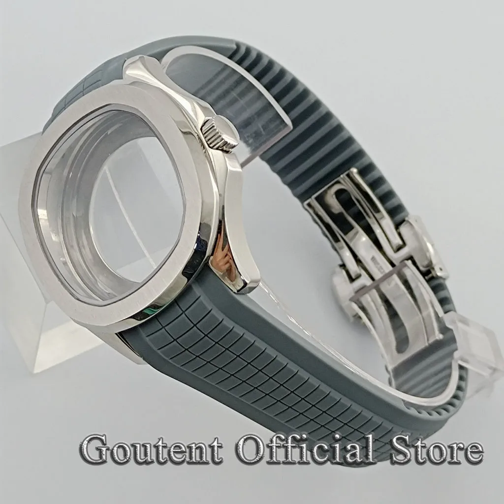 Goutent 40mm Silver Watch Case With Brown/Black/Blue/Green Rubber Strap Sapphire Crystal Case Fit NH35 NH36 Movement