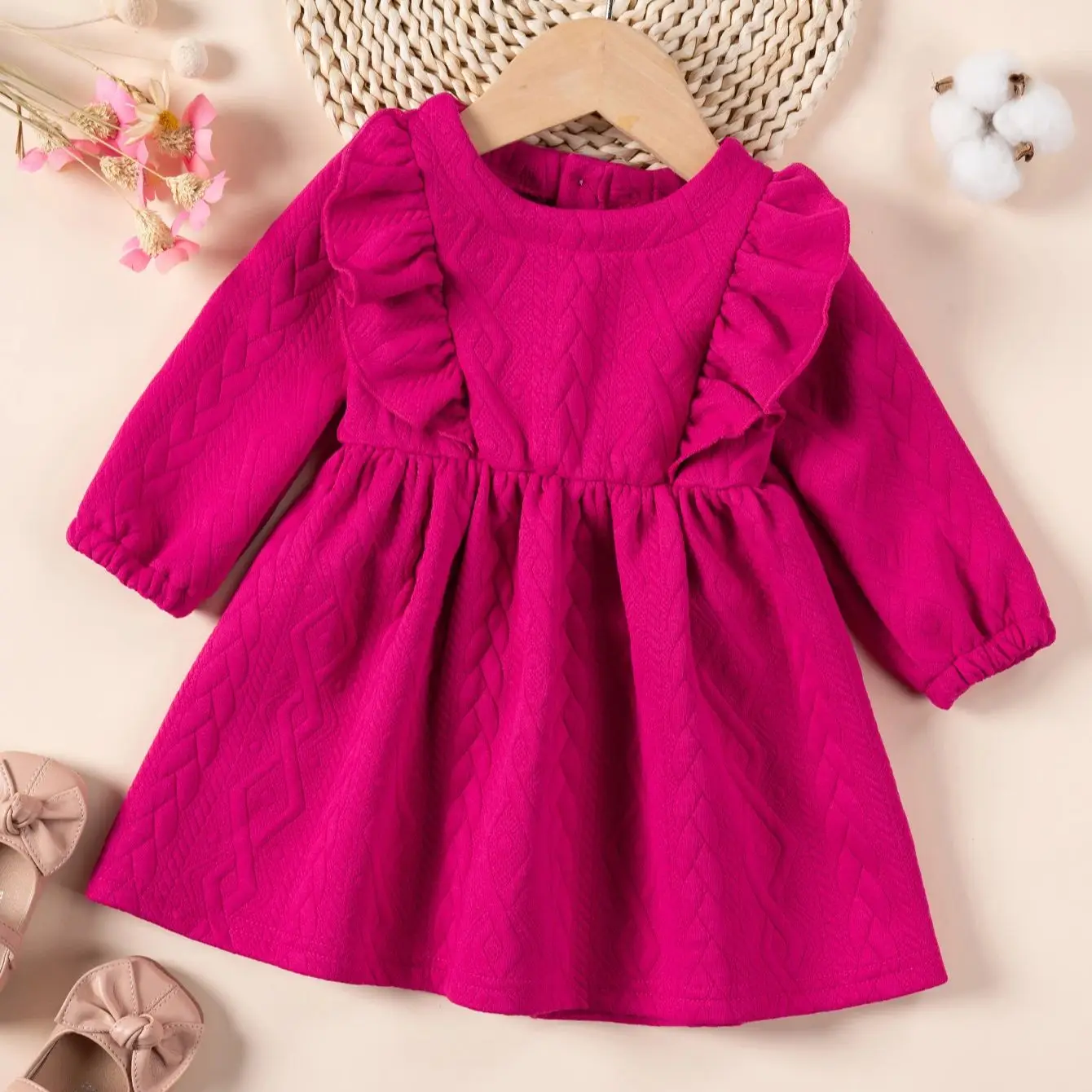 Hot selling Girl\'s Dress with Wooden Ear Edge Long Sleeve Skirt Solid Spring + Autumn Style Girl Baby Round Neck Princess Dress