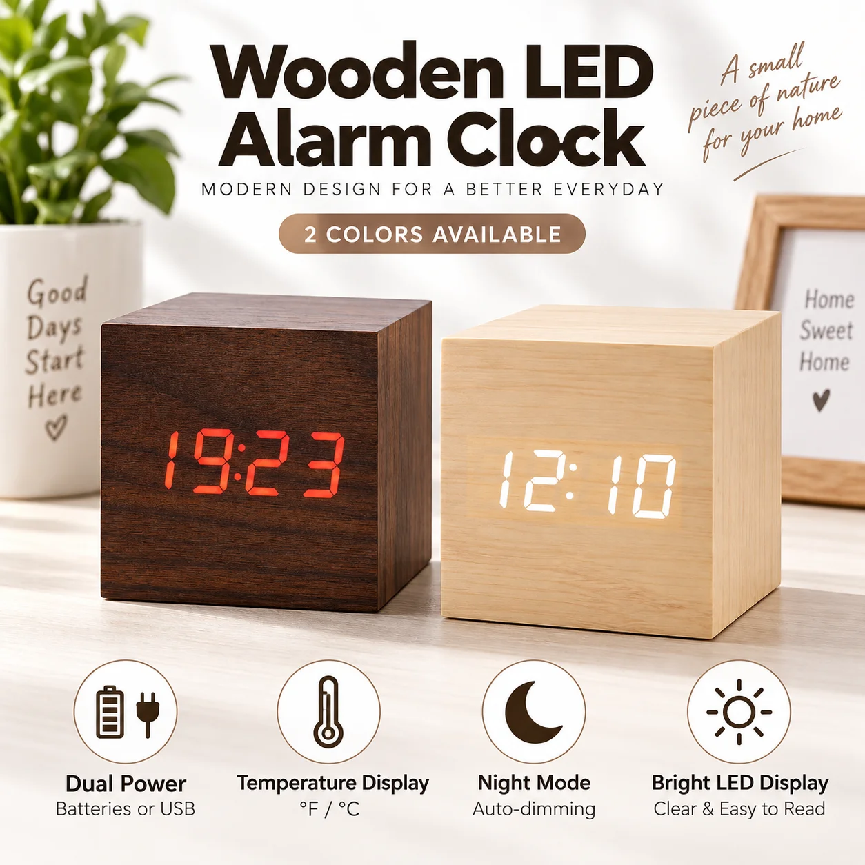 Sveglia digitale in legno con display a LED e indicatore di temperatura. ° C/ ° F, modalità notturna, alimentazione tramite doppia porta USB/batteria,