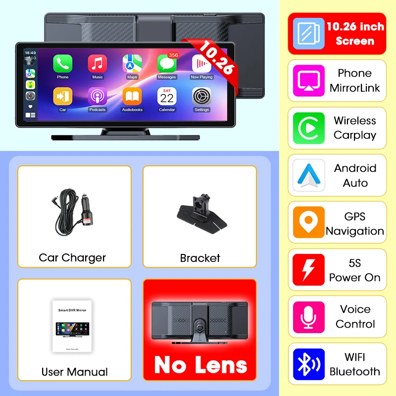 Develuck NIEUWE 11.26 inch 4K DVR Draadloze CarPlay en Android Auto Draagbare Dash Cam Auto Scherm Video Recorder 5G WIFI Navigatie