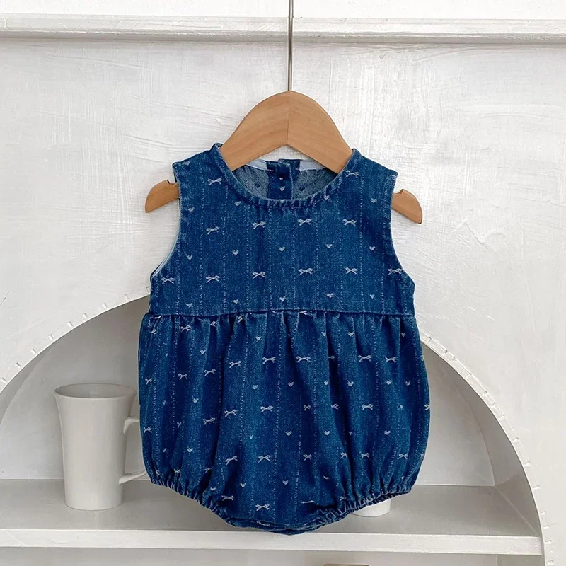 

2025 New Autumn 0-24M Korean Style Climbing Suit Sleeveless Denim Print Jumpsuit Toddler Baby Girl Romper Baby Girl Clothing