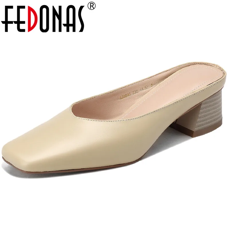 

FEDONAS 2023 Spring Summer Women Pumps Mules Square Toe Thick Heels Slippers Genuine Leather Sandals Shoes Woman Casual Concise