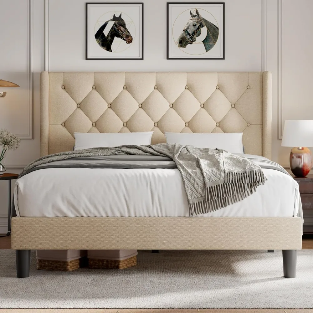 Marco de cama con plataforma de tamaño completo con cabecera capitoné con botones, marco de cama tapizado con listones de madera maciza, espacio debajo de la cama de 8", No