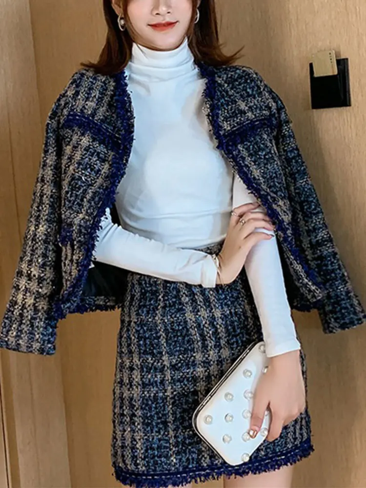 Korean Plaid Tweed Suit Women 23 Autumn Winter Fashion Elegant Stitching O-Neck Long-Sleeved Short Coat+Hip Skirt Two-piece Set