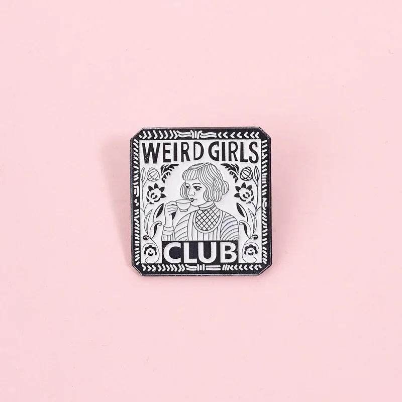 Retro Quirky Girl Club Badge Black and White Line Art Style Lacquered Pin Bag Clothing Accessories