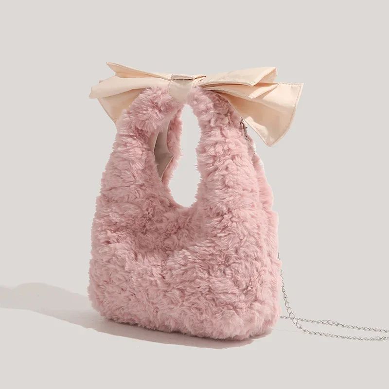 

Новинка 2025, плюшевая сумка с бантом, осенне-зимняя женская сумка, пригородная сумка, модная большая вместительная сумка через плечо на одно плечо, тренд