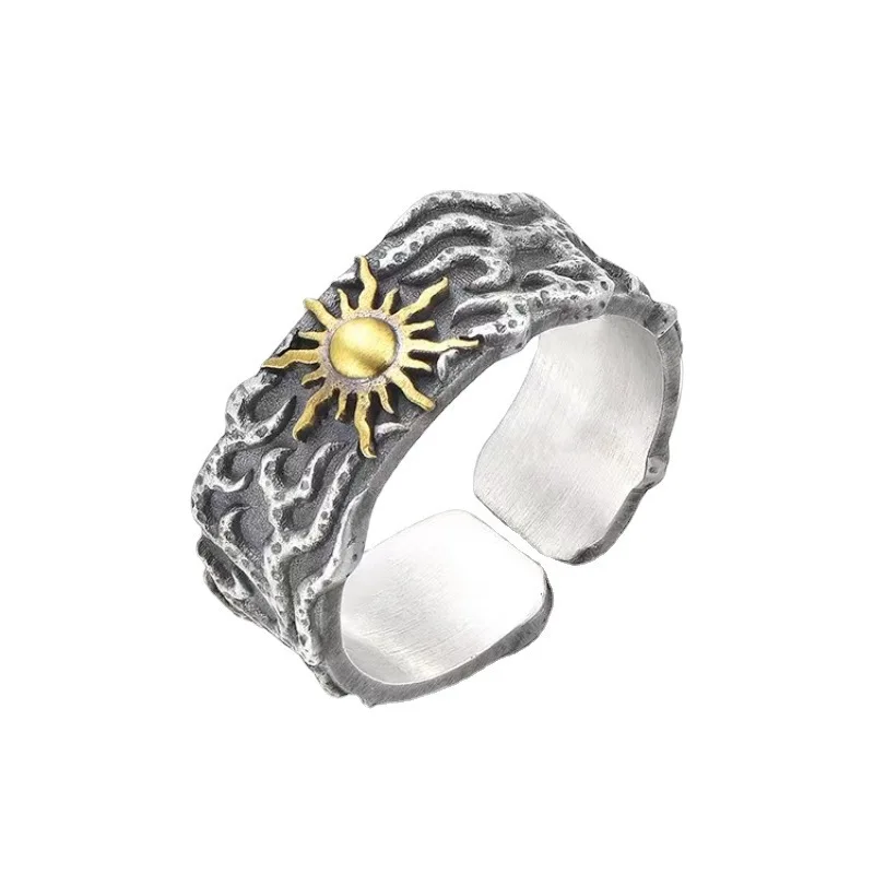 WYEAIIR 925 Sterling Silver Retro Thai Silver Sun Hip Hop Resizable Opening Ring For Women Man Luxury Jewelry