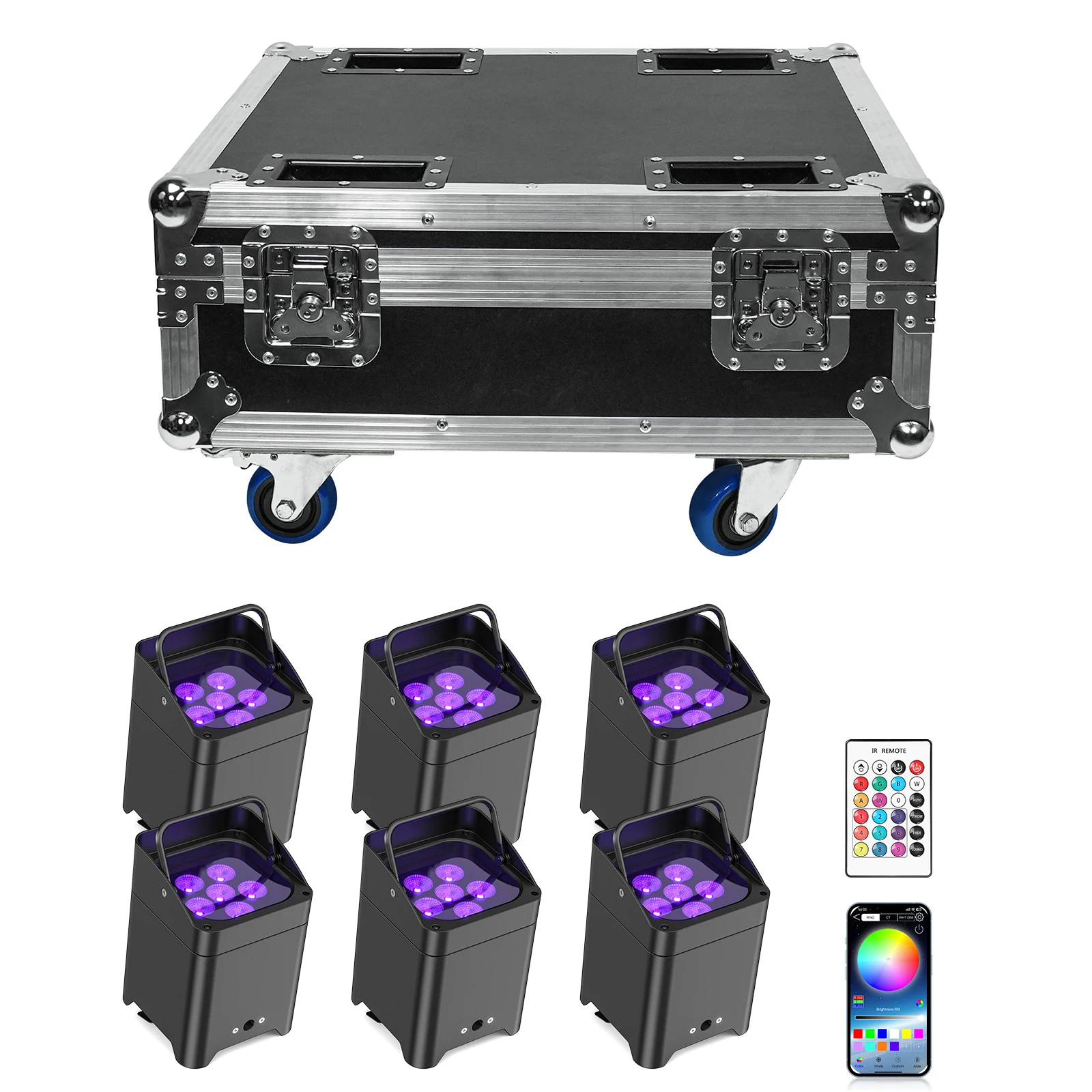 Yiflamefly 6 Stück wiederaufladbare kabellose Par-Leuchten, 6 x 18 W RGBWA+UV-LEDs, Uplights, Bühnenbeleuchtung und wiederaufladbares Gehäuse für DJ, KTV, Bar, Show