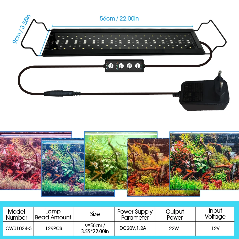 Aquariumbeugellamp, koel geheel zwart ontwerp, gemaakt van roestbestendig en duurzaam aluminiumlegering, verstelbaar met verschillende lichtkleuren, tijdschakelaarontwerp, beugellengte kan vrij worden