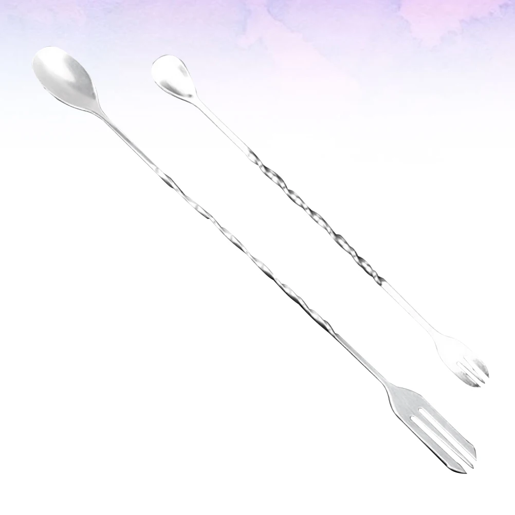 

4pcs Stainless Steel Wine Stirrers Dual Head Cocktail Spoon Ice Fork Bar Tool Ice Cream Spoon 2 Sizes 32Cm+25Cm Silver Heat