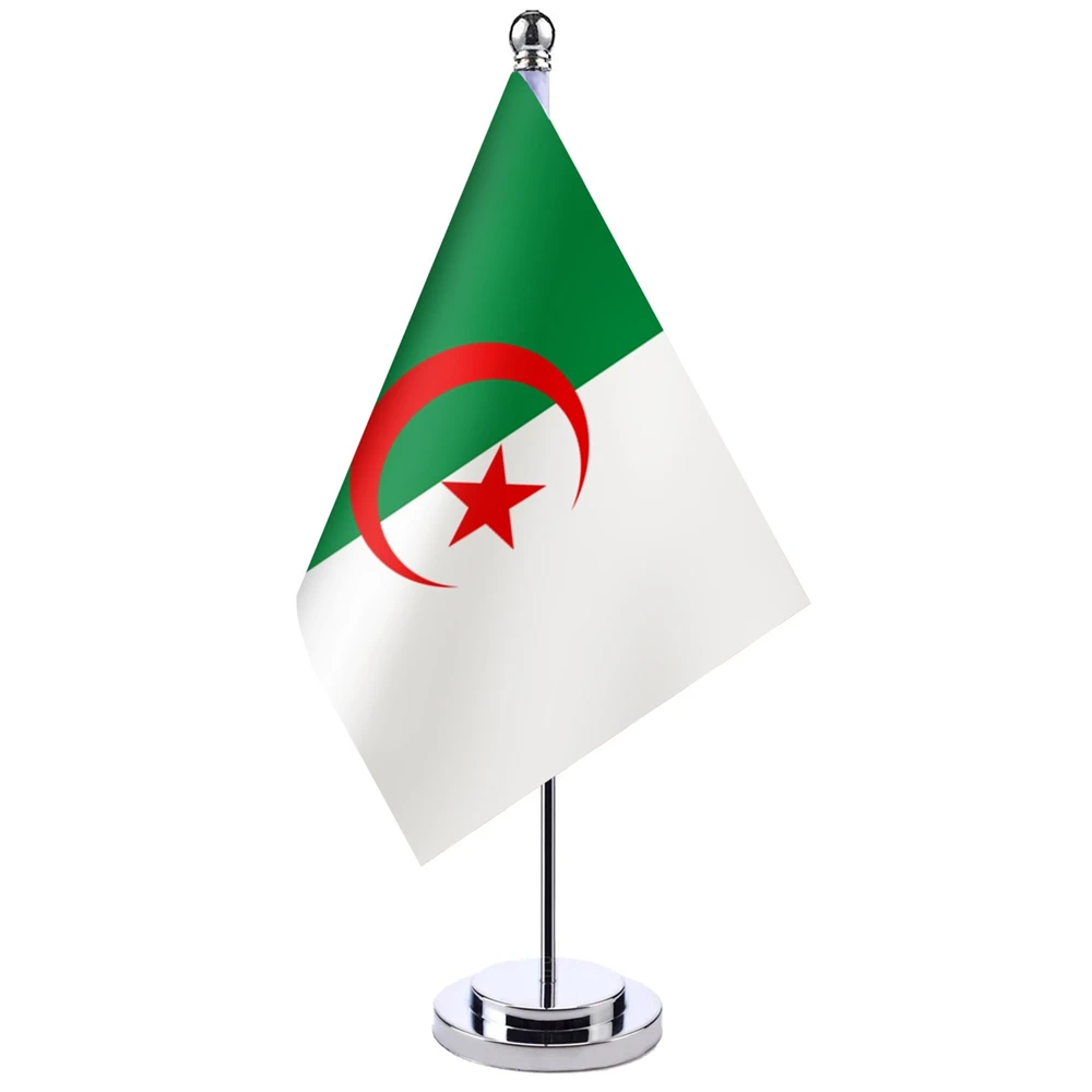 

14x21cm Office Desk Flag Of Algeria Banner Boardroom Table Stand Pole The Algerian Closet Cabinet Flag Set Meeting Room Decor