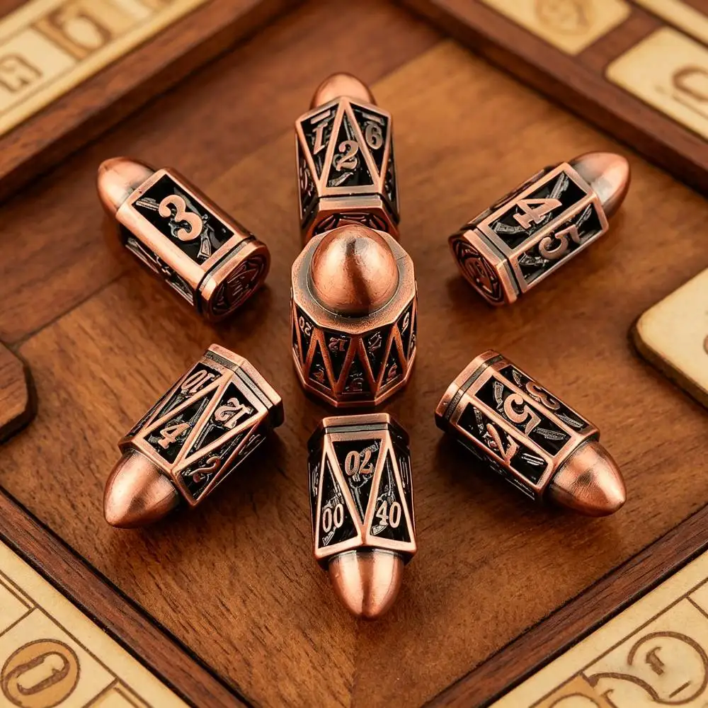 

Набор металлических кубиков в форме пули для D&D и TRPG, многогранные кубики в форме пули D4 D6 D8 D10 D20, аксессуар для настольных игр, игровые кубики для RPG DND