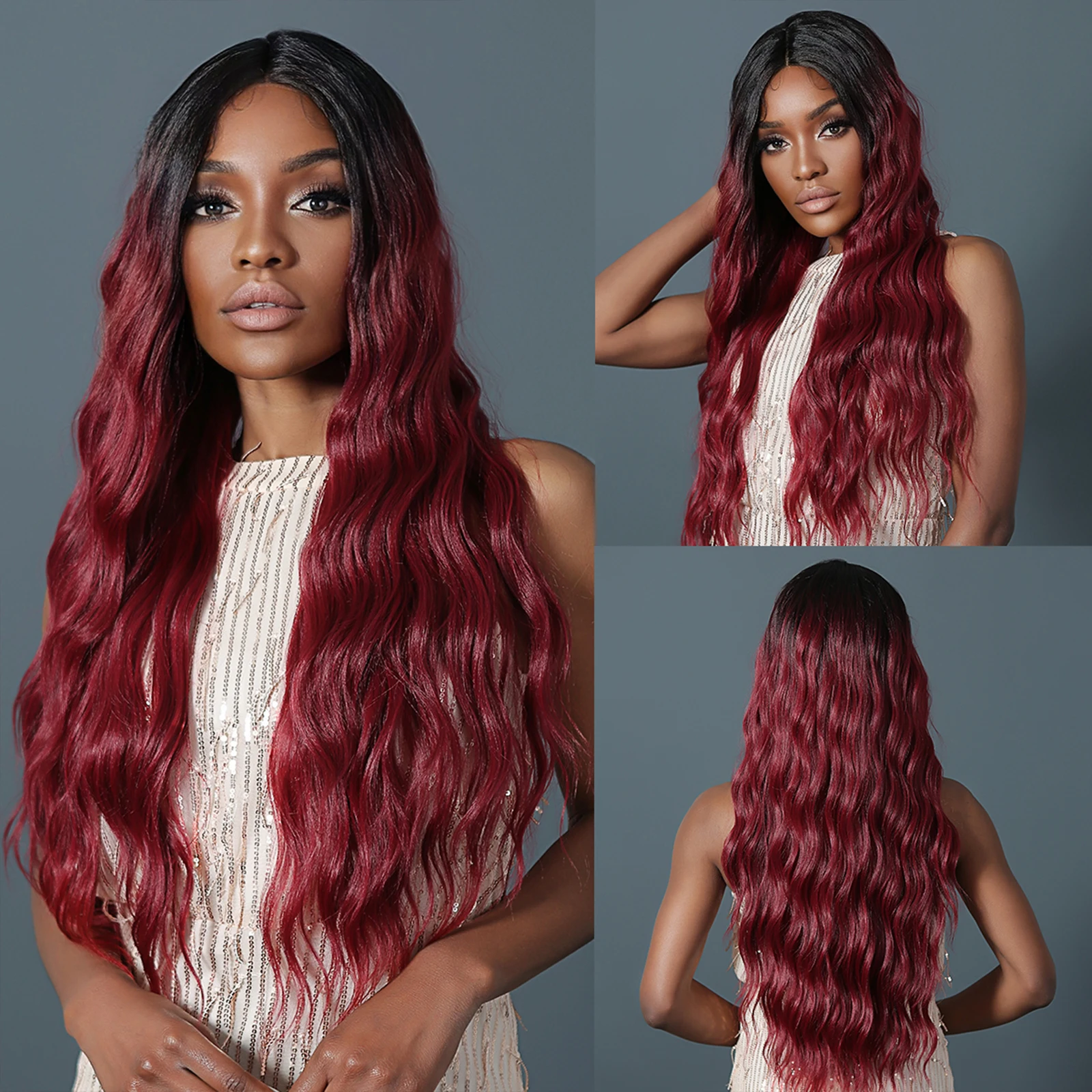 HAIRCUBE Black to Wine Red Ombre Synthetic Wigs for Afro Women Long Natural Wave Lace Front Wigs Cosplay Heat Resistant Hair Wig