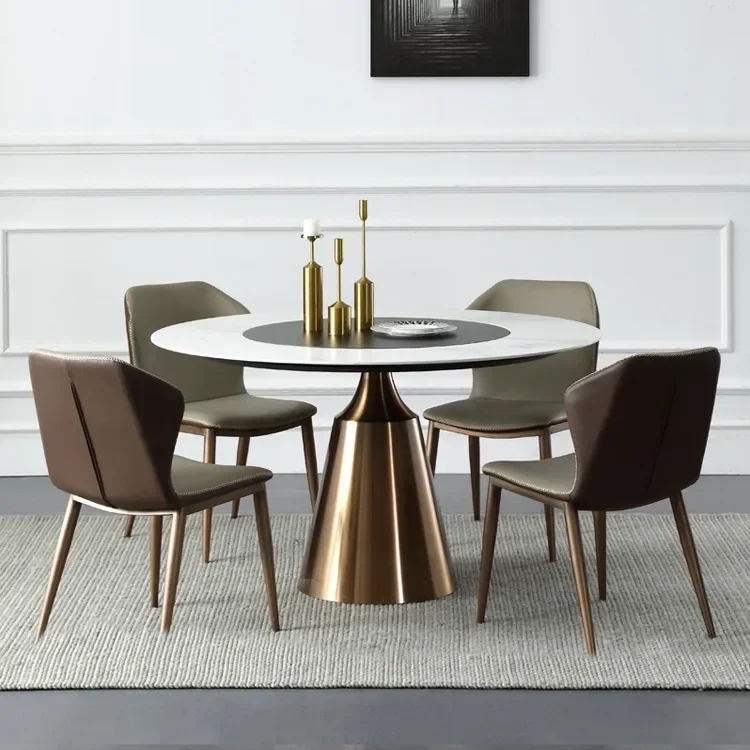 

Luxury round dining table embedded rock turntable desktop Nordic round table chairs leather chairs