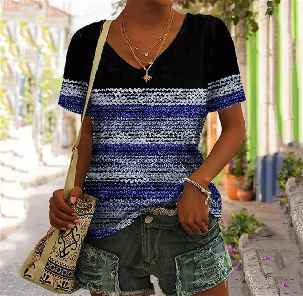 Stripes Printed Fashion Women T Shirt Gradient V Neck Short Sleeve Vintage Tops Streetwear Summer Oversized Clothing Female Tees