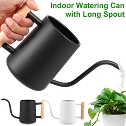 1L Watering Can Small Watering Can Indoor Plants w/ Wooden Handle Stainless Steel Watering Pot w/ Long Spout Garden Watering Can