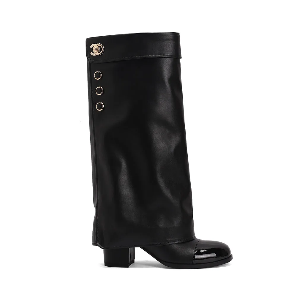 Arden Furtado Genuine leather knee high boots wide calf Chunky heels Round Toe Turned-over Edge Slip-on rivets boots for women