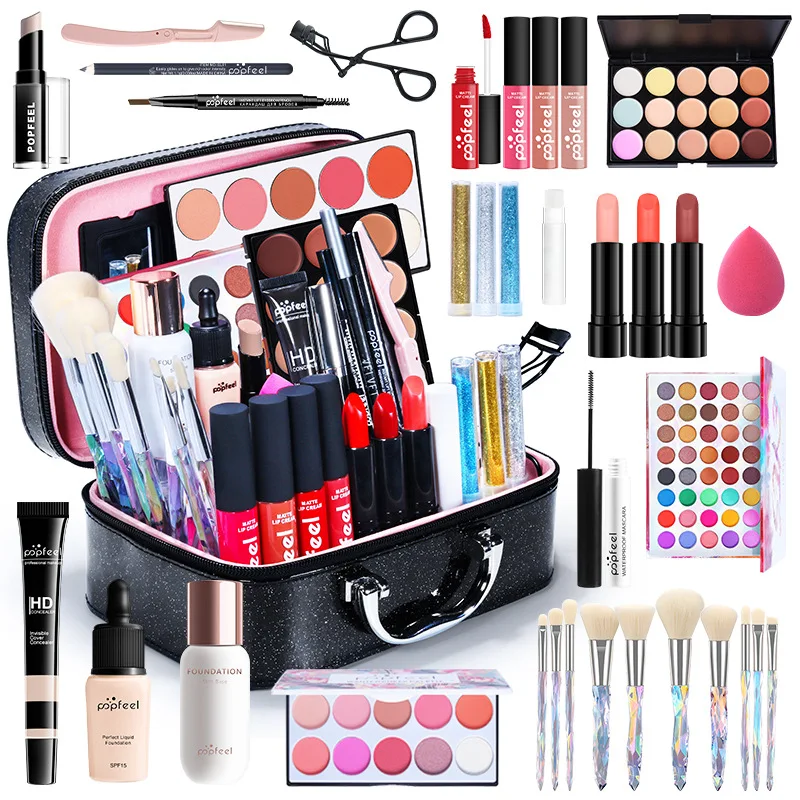 POPFEEL Eyeshadow Lip Gloss Foundation Lip Gloss Lipstick Cosmetic Case Complete Makeup Set KIT014 Cosmetics Tools Wholesale Hot