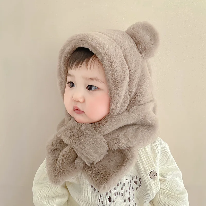 Gorro de invierno para bebé, bufanda de una pieza de piel sintética, sombreros para niños, gorro cálido con cuello y orejas de oso de dibujos