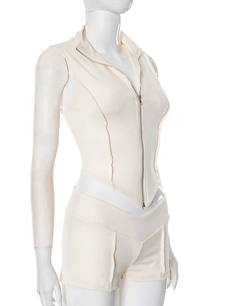 Beyprern Lässiger zweiteiliger Damen-Anzug, ärmelloses Korsett-Oberteil und Shorts mit Reißverschluss vorne, solide, tailliertes 2-teiliges Clubwear-Outfit