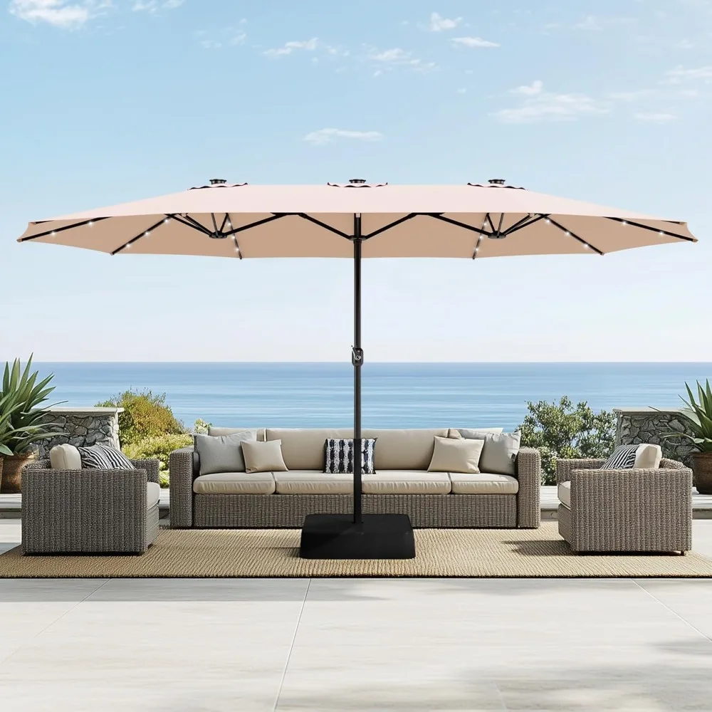 

15 Ft Extra Large Patio Umbrella with Solar Lights, Rectangular Outdoor Umbrella with Base Included, Customized