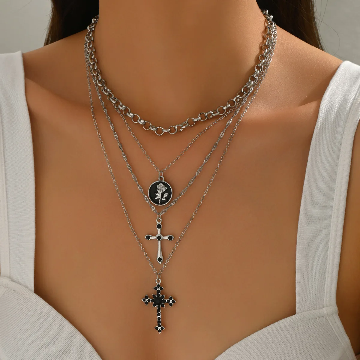 

Dark Academia Necklace Women - Delicate Cross Pendant with Roses Minimalist Layered Alloy Jewelry Vintage Aesthetic