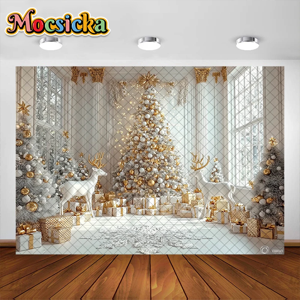 الشتاء عيد الميلاد خلفية التصوير الفوتوغرافي للأطفال ، شجرة عيد الميلاد الذهبية ، نافذة الديكور ، صورة عطلة ، خلفيات الصورة ، استوديو الدعامة