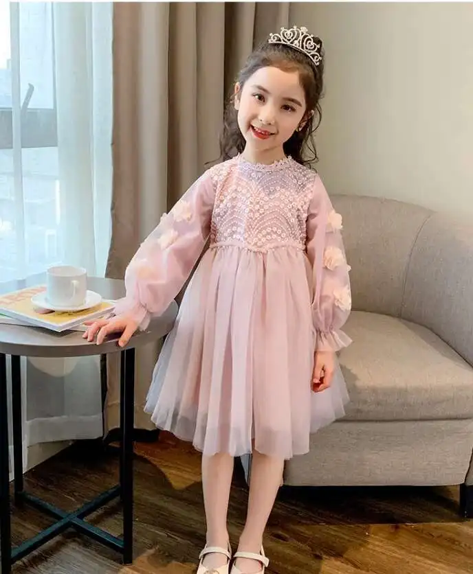 

New Baby Girls Pink Ral Long Sleeve Mesh Dress, Princess Kids Sweet Fashion Party Dress 4-9T