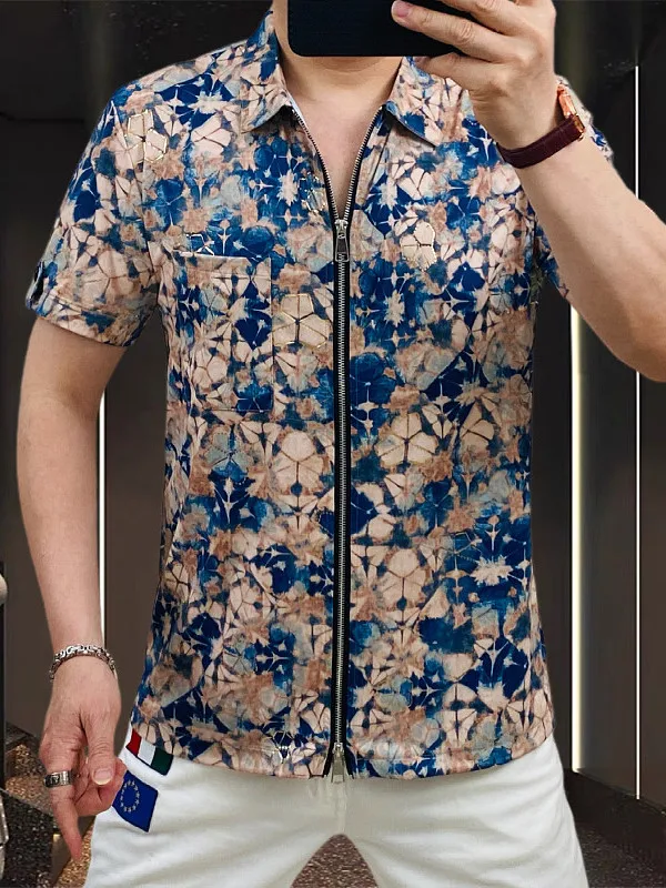 

European Sle Men's ort Sve irt Summer Ice Silk Cool Feeling Printed Open Cardigan Lightweight Faion Trend irt