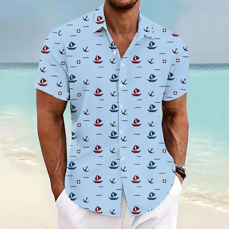 Simple Sailboat Anchor Pattern Hawaiian Shirts For Men Fashion Trend Lapel 3D Printed Beach Shirts Casual Oversize Vacation Tops