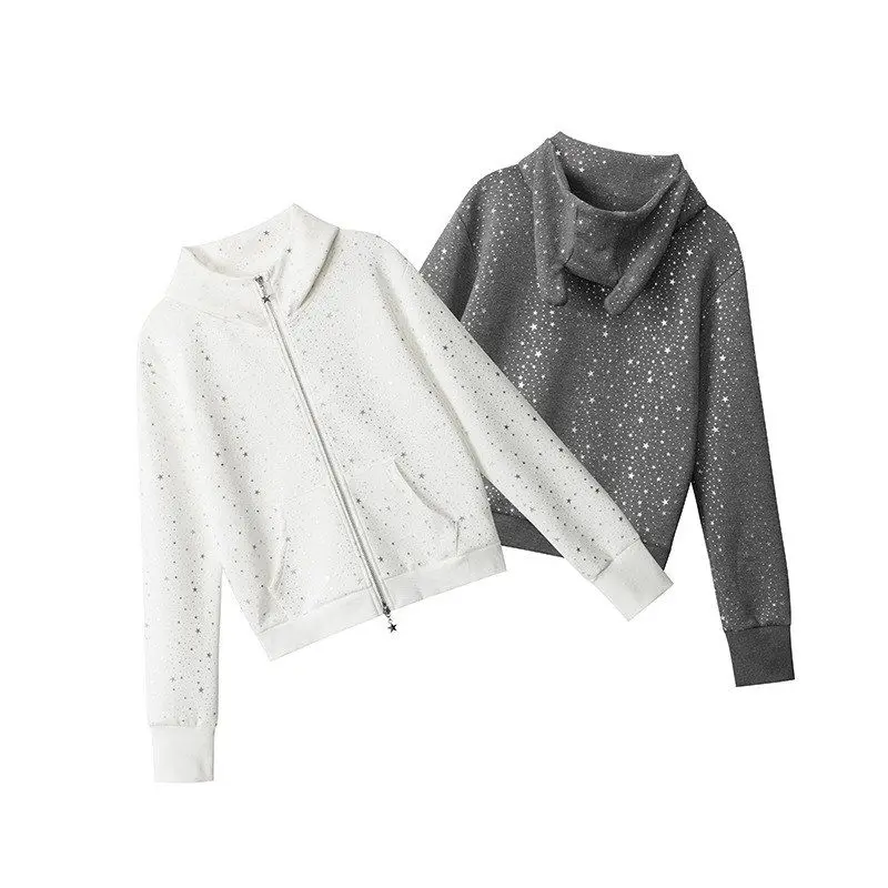 HeyHenry Zipper Hooded ort Cardigan Heavy Embroidery Star Print Slim Fit Women's Faion Autumn Wear Polyester Fiber