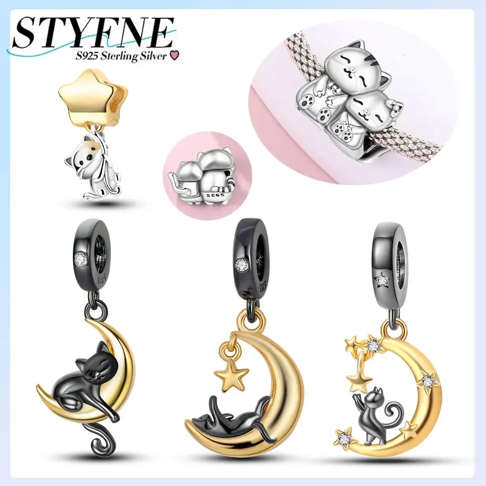 925er Silber vergoldet, Original-Tiere-Perlen-Charms, schwarze Katze, Mond, Katzenpfote, Armband, passend für Schmuck, DIY, Kindertagsgeschenk, Zubehör