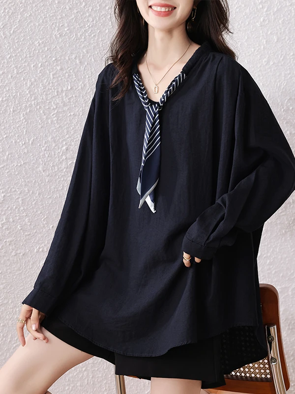 Faionable Tie irt Women's Clothing Autumn 2025 Slimming Top Versatile Sle Polyester Fiber Long Sve Crew Ne