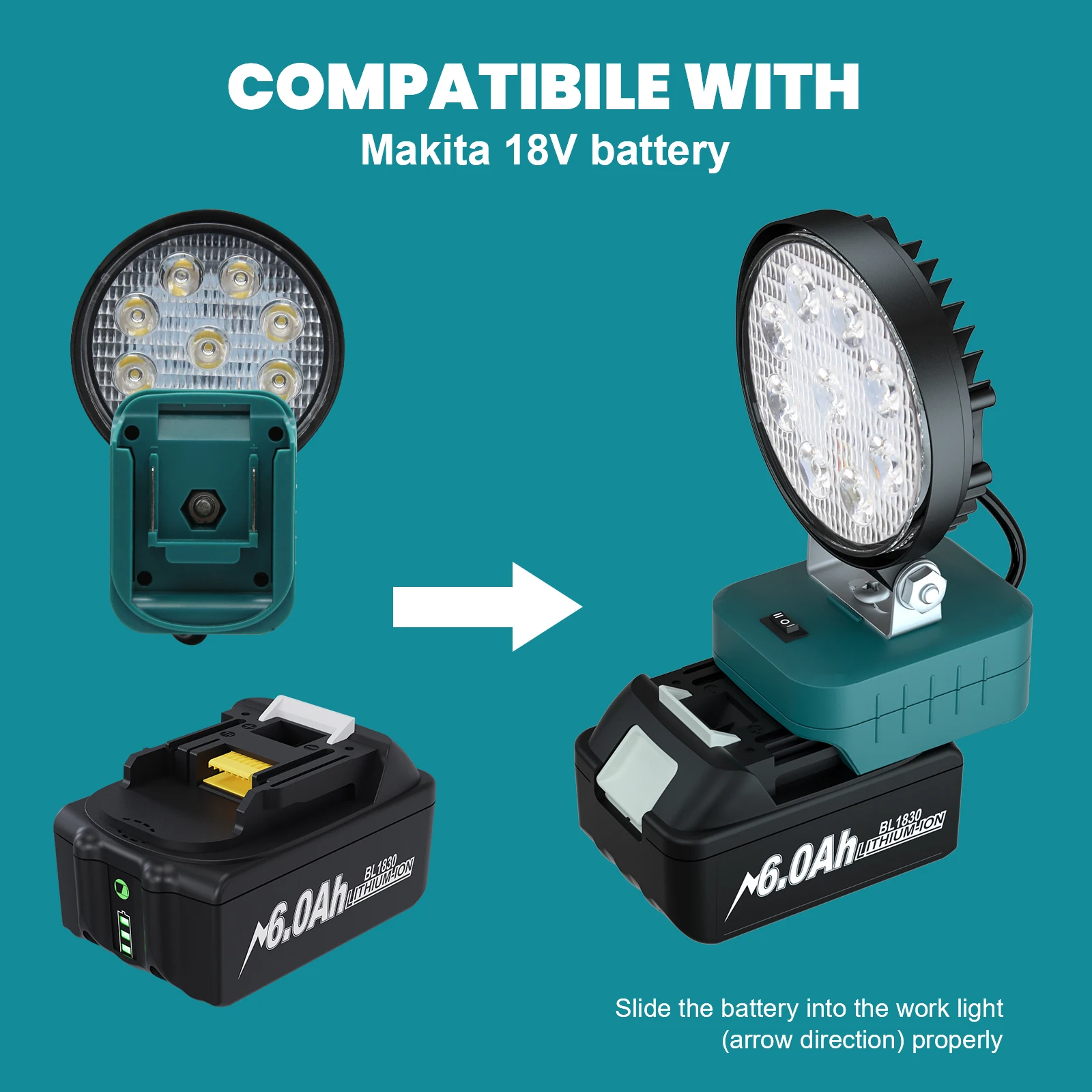 For Makita BL1830 18V Battery Work Light  LED Flashlight For Dewalt DCB200 Battery Tool Lamp Flood Lights