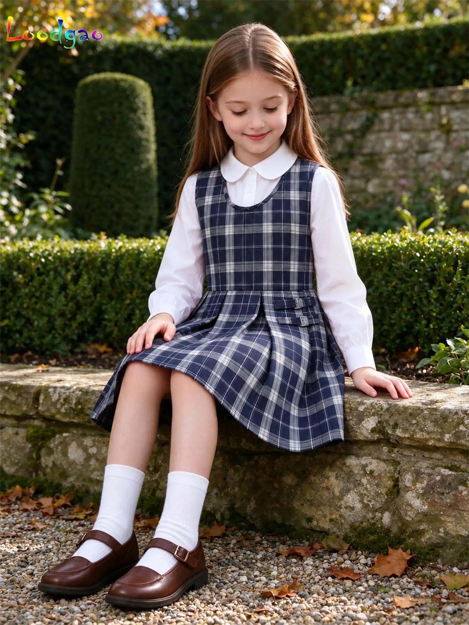 Kids Girls School Uniform Sleeveless Plaid Jumper Side Invisible Zipper Buckles Pleated Dress School Recitation Performance Wear
