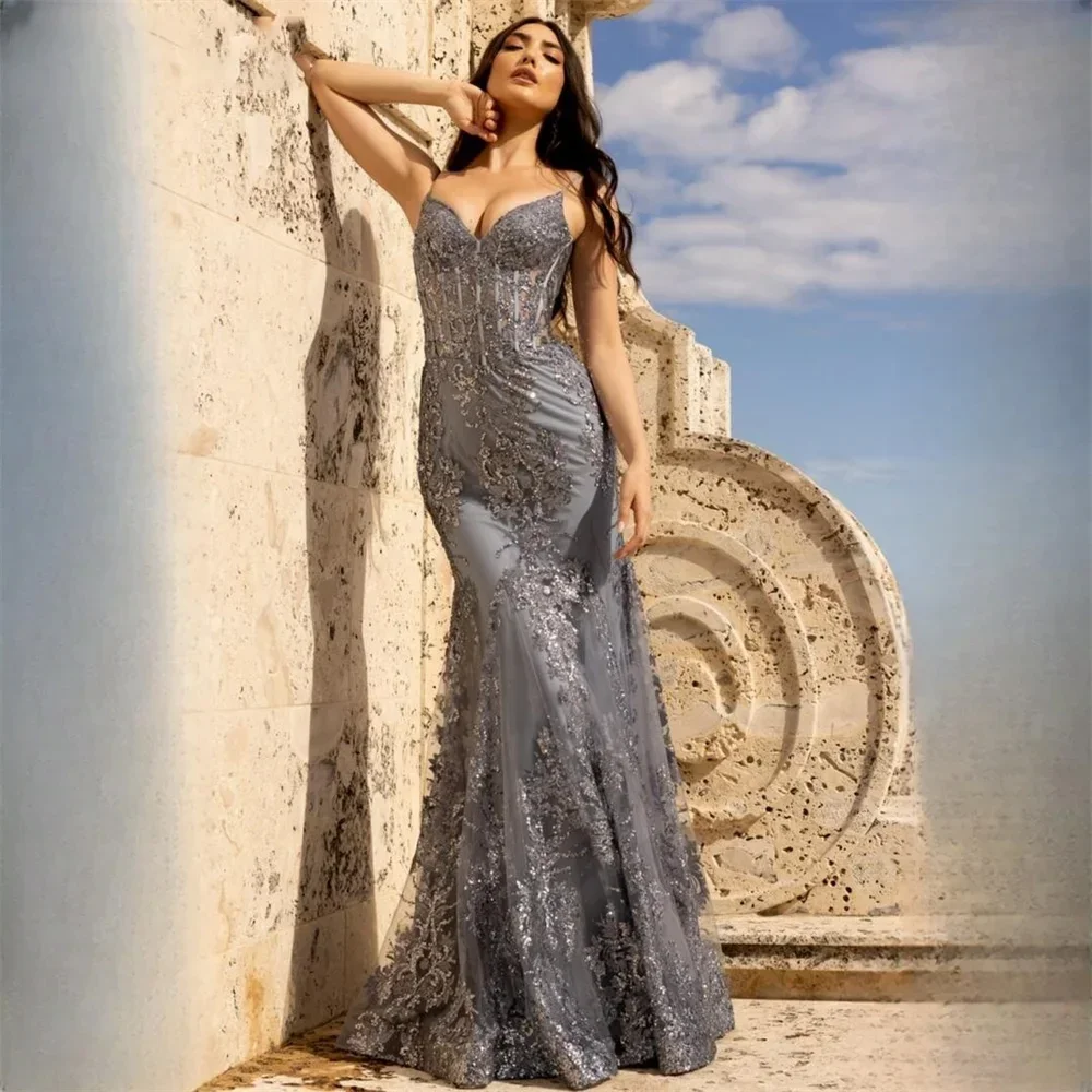 Customized Price AdjustmentElegant Grey Mermaid Prom Dress 2024 Luxury Sequin Lace Evening Gown With Sweetheart Neckline Trumpet