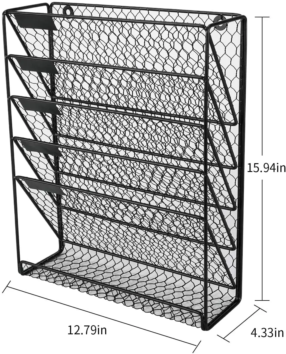 

New Office Home Metal Chicken Wire Wall Mount 6 Tier Black Hanging File Holder Organizer for Book Magazine Rack