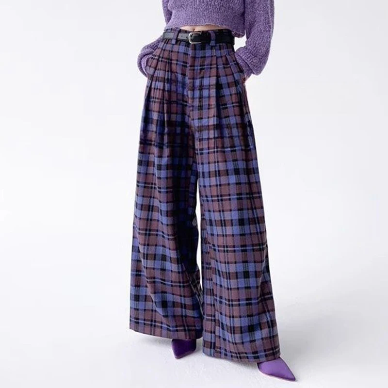 Early spring new Japanese style fashionable plaid wide leg casual pants, loose and comfortable pants for women